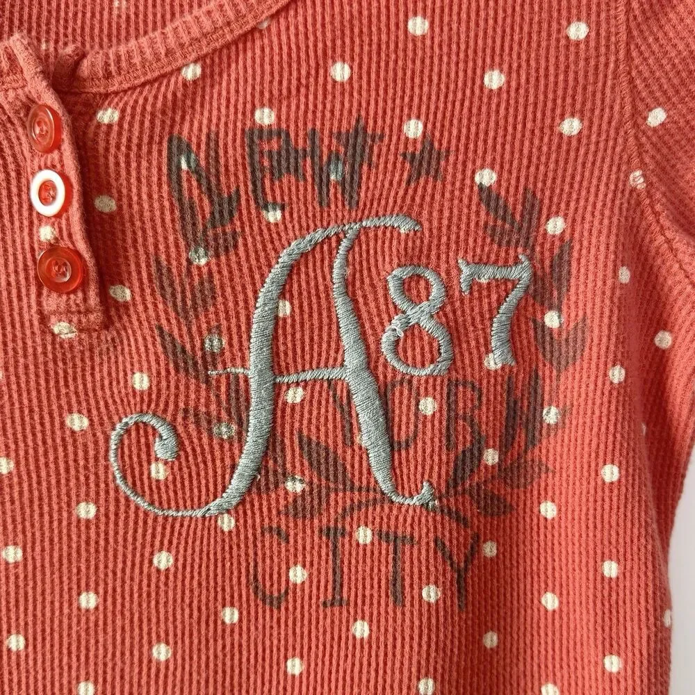 Aeropostale Girls L Orange Polka Dot Henley Waffle Weave Crew Shirt Embroidered